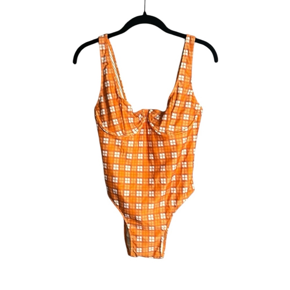 Faithfull The Brand Brown and Tan Plaid One Piece Bathing Suit Size Large